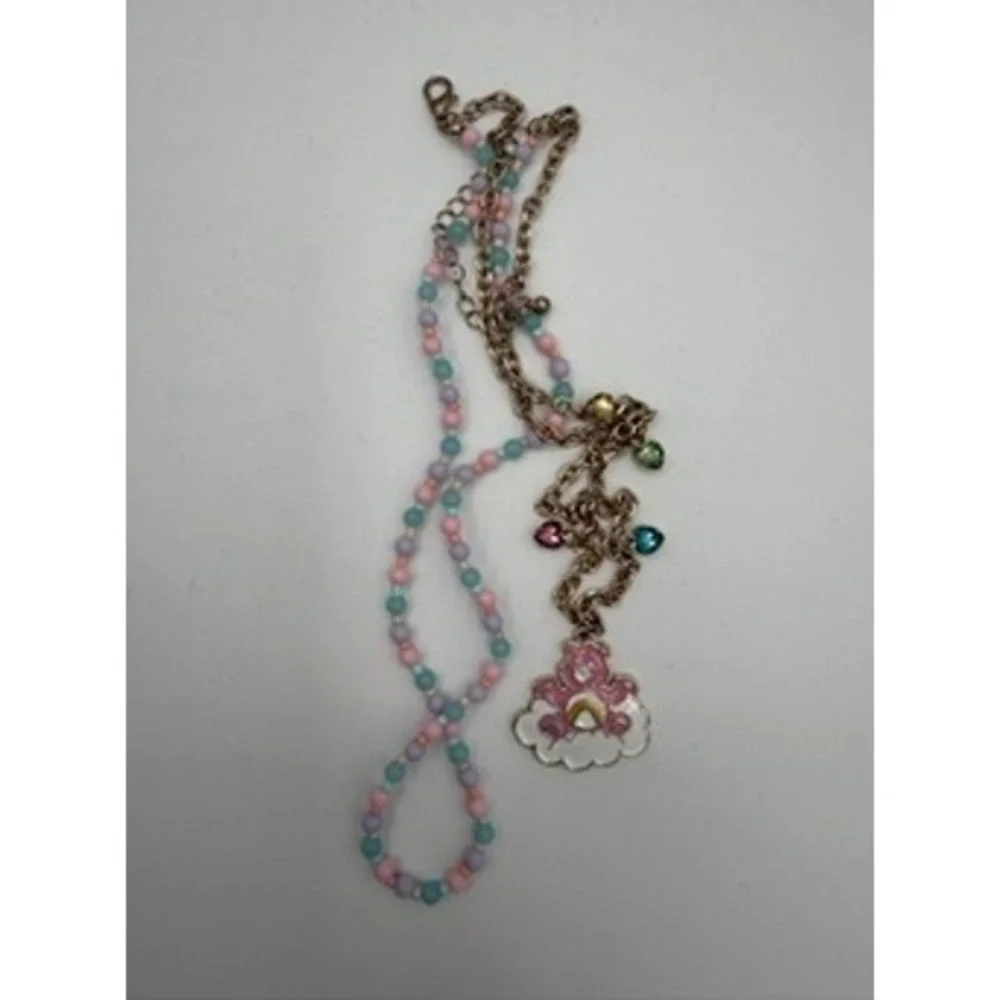 Care Bears Necklace Set Girls OS Pink Gold Excellent Cheer Bear Beaded Heart